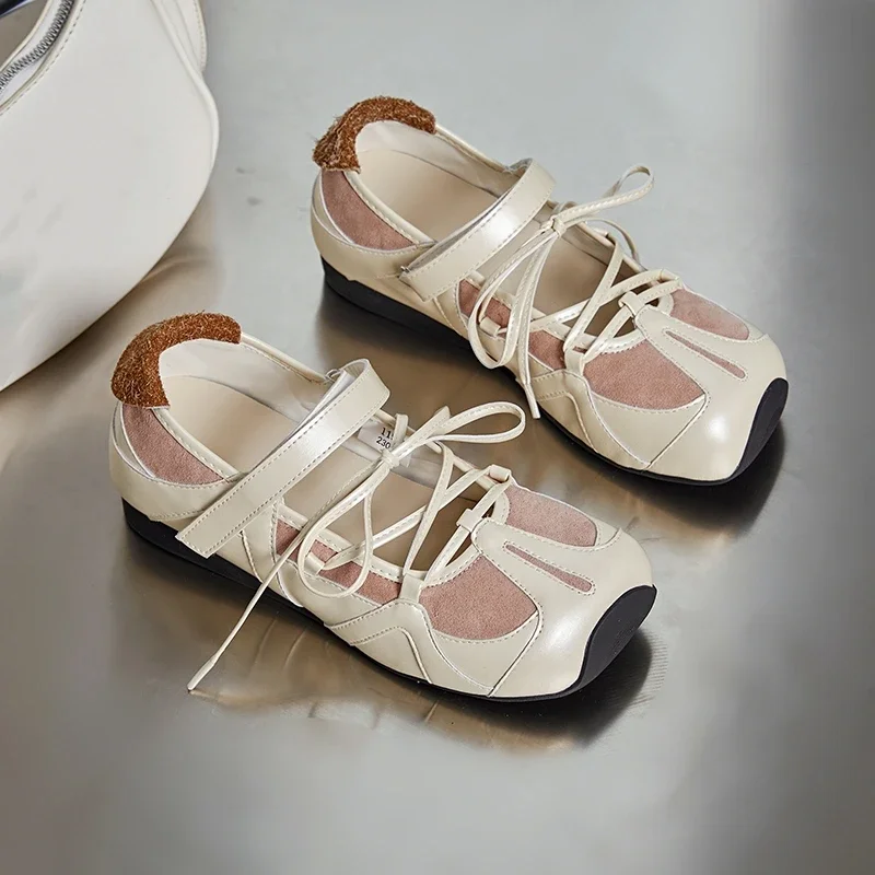 2025 New Women's Flat Mary Jane Shoes Non-slip Lace-up Ballet Loafers for Women Large Size Square Toe Female Shoes