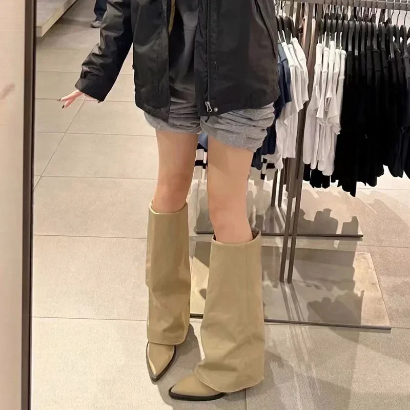 Women Pointed Toe High Boots Fashion Sexy Mid Heels Shoes Woman Chunky Trend Chelsea Boots Pumps Elegant Mujer Snow Goth Botas