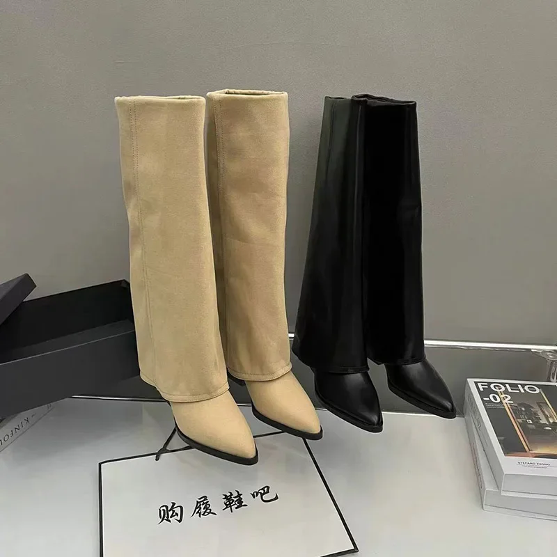 Women Pointed Toe High Boots Fashion Sexy Mid Heels Shoes Woman Chunky Trend Chelsea Boots Pumps Elegant Mujer Snow Goth Botas