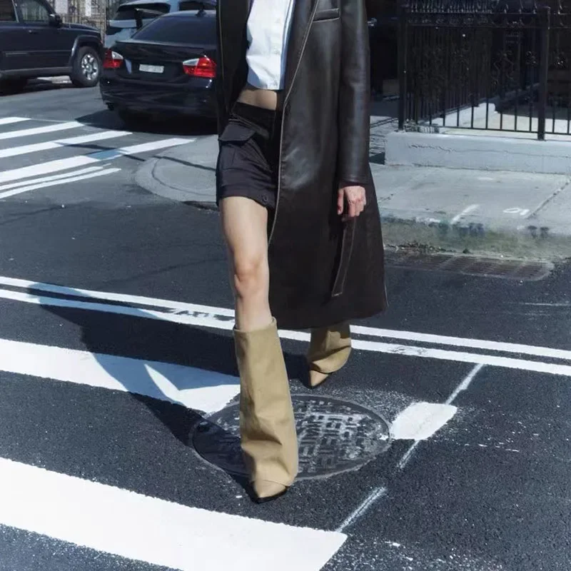 Women Pointed Toe High Boots Fashion Sexy Mid Heels Shoes Woman Chunky Trend Chelsea Boots Pumps Elegant Mujer Snow Goth Botas