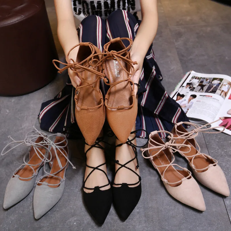 Sexy Cross-tied Gladiator Summer Shoes Woman Pointe Toe Cut Out Flat Lace Up Ballet Flats Roman Style Shoes Big Size 43