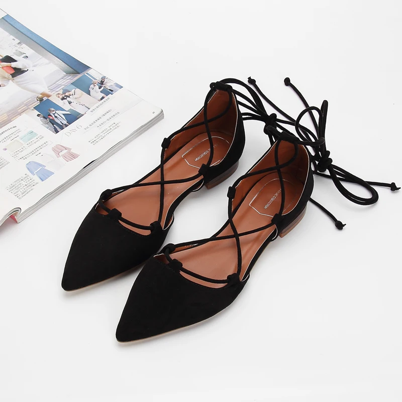 Sexy Cross-tied Gladiator Summer Shoes Woman Pointe Toe Cut Out Flat Lace Up Ballet Flats Roman Style Shoes Big Size 43