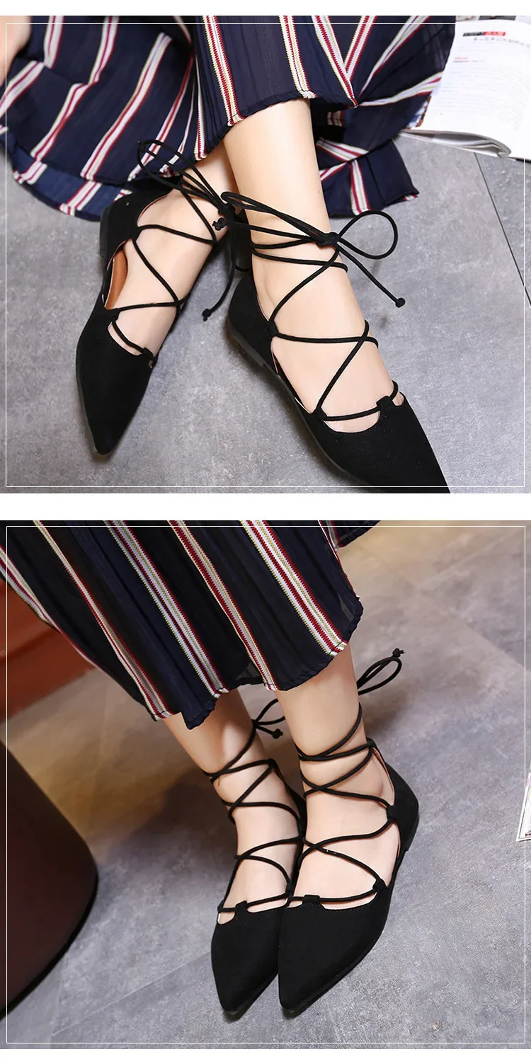 Sexy Cross-tied Gladiator Summer Shoes Woman Pointe Toe Cut Out Flat Lace Up Ballet Flats Roman Style Shoes Big Size 43