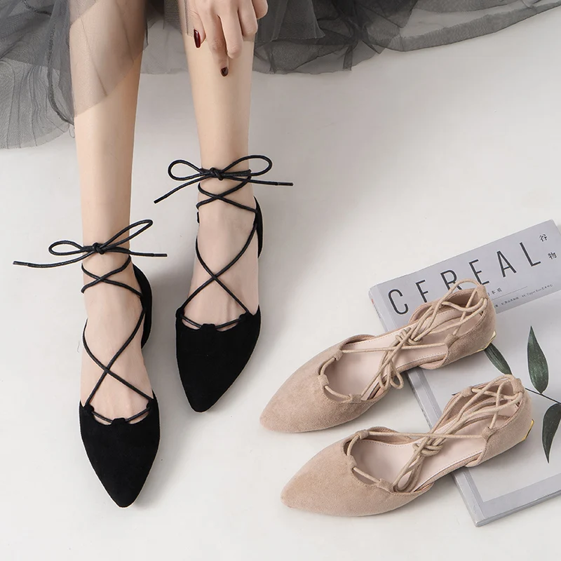 Sexy Cross-tied Gladiator Summer Shoes Woman Pointe Toe Cut Out Flat Lace Up Ballet Flats Roman Style Shoes Big Size 43