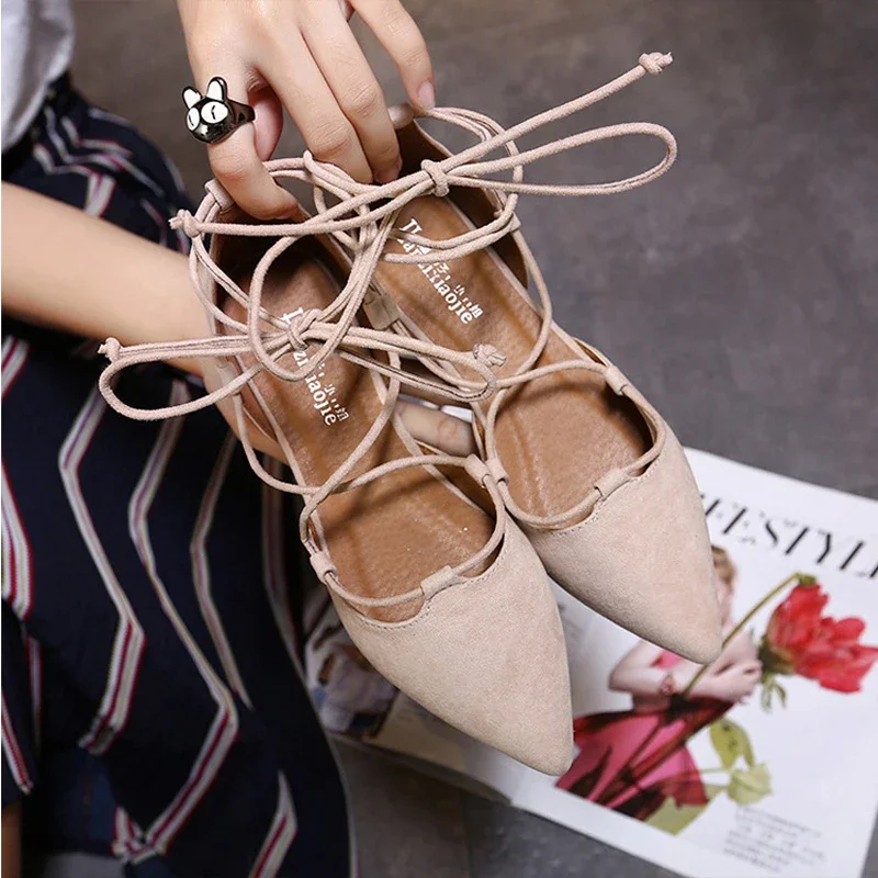 Sexy Cross-tied Gladiator Summer Shoes Woman Pointe Toe Cut Out Flat Lace Up Ballet Flats Roman Style Shoes Big Size 43