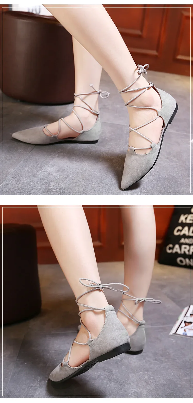 Sexy Cross-tied Gladiator Summer Shoes Woman Pointe Toe Cut Out Flat Lace Up Ballet Flats Roman Style Shoes Big Size 43