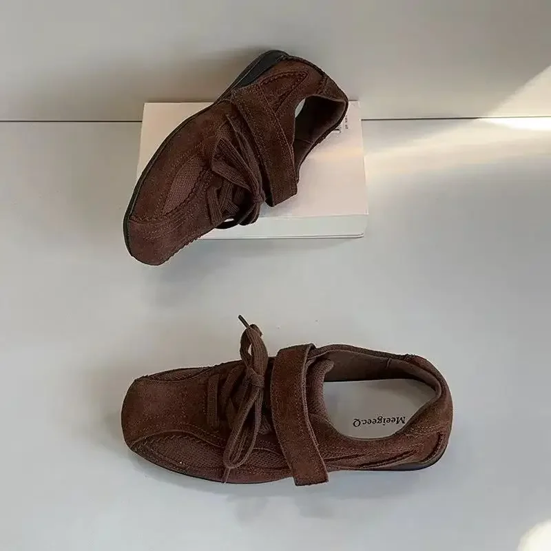 2025 Spring Autumn Women's Vulcanize Shoes Flat Sole Lace-up Hook & Loop Sneakers Women Leisure Retro Ballet Zapatillas De Mujer