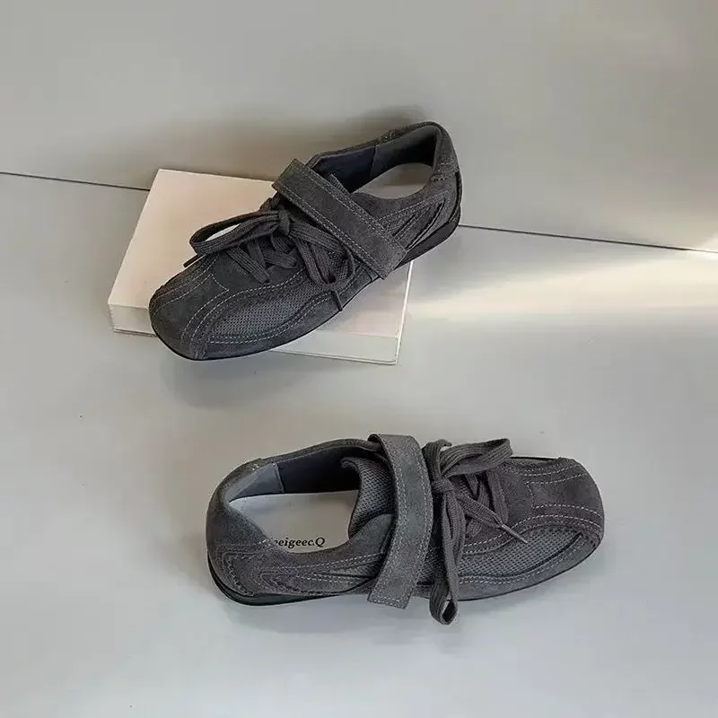 2025 Spring Autumn Women's Vulcanize Shoes Flat Sole Lace-up Hook & Loop Sneakers Women Leisure Retro Ballet Zapatillas De Mujer