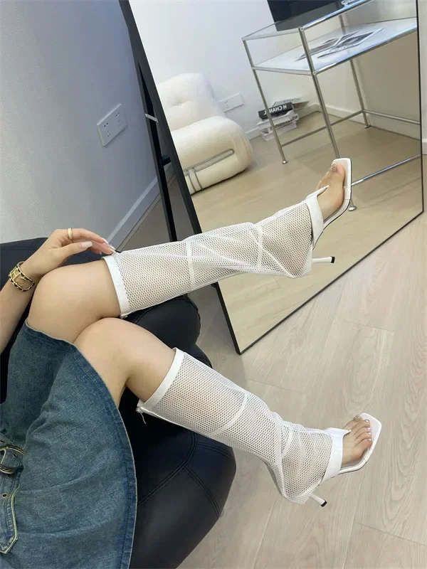 Spring Autumn New Women's Mesh Breathable Pants Boots Versatile Thick Bottom Hollow Mesh Long Tube Clip