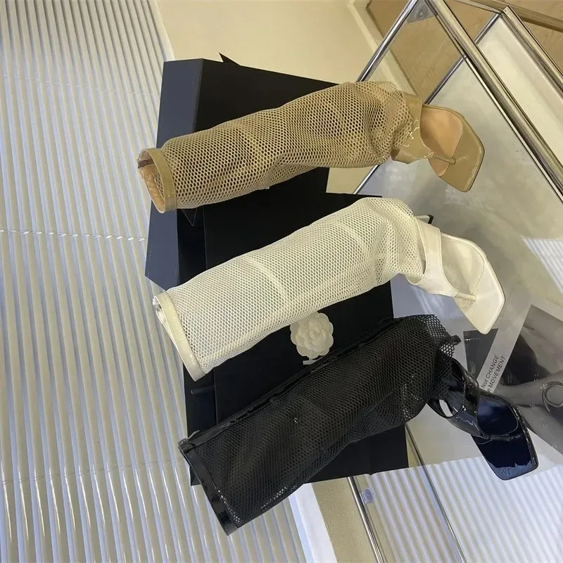 Spring Autumn New Women's Mesh Breathable Pants Boots Versatile Thick Bottom Hollow Mesh Long Tube Clip