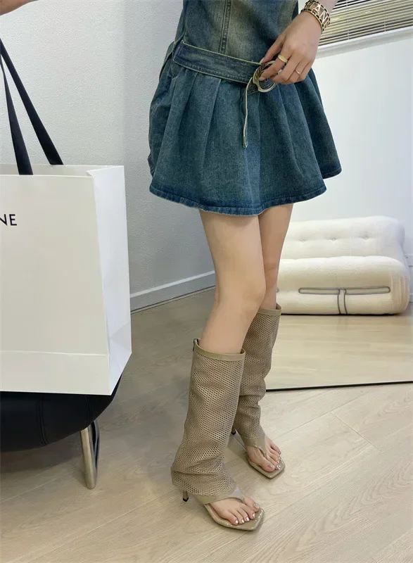 Spring Autumn New Women's Mesh Breathable Pants Boots Versatile Thick Bottom Hollow Mesh Long Tube Clip