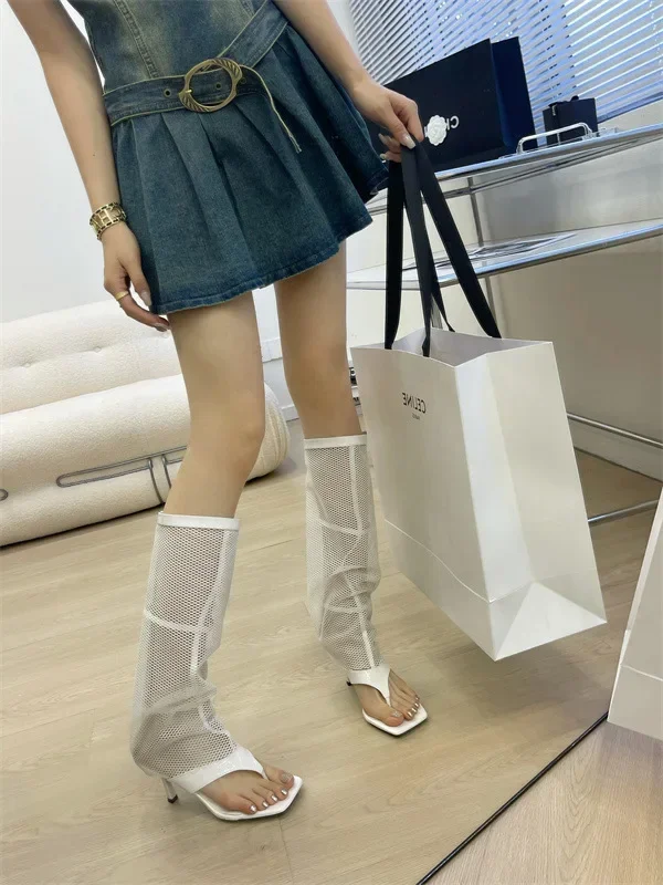 Spring Autumn New Women's Mesh Breathable Pants Boots Versatile Thick Bottom Hollow Mesh Long Tube Clip