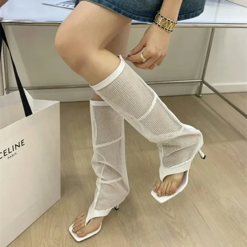 Spring Autumn New Women's Mesh Breathable Pants Boots Versatile Thick Bottom Hollow Mesh Long Tube Clip
