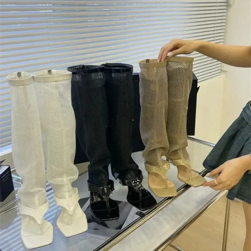 Spring Autumn New Women's Mesh Breathable Pants Boots Versatile Thick Bottom Hollow Mesh Long Tube Clip