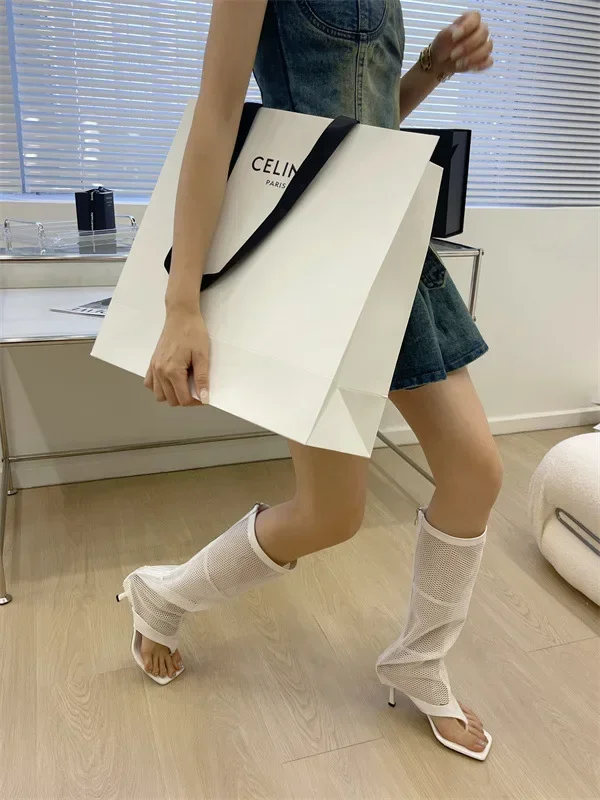 Spring Autumn New Women's Mesh Breathable Pants Boots Versatile Thick Bottom Hollow Mesh Long Tube Clip