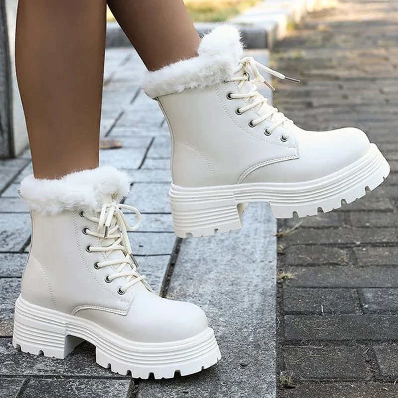 Short Plush Warm Ankle Boots for Women Winter Fashion Chunky Platform Snow Boots Woman High Heel Lace Up Fluffy Booties Ladies