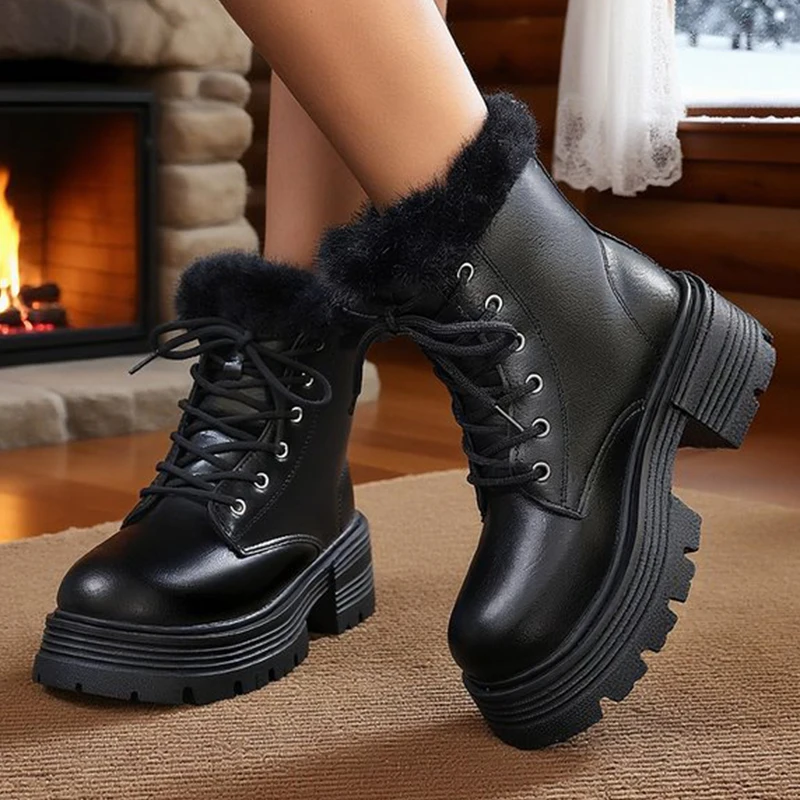 Short Plush Warm Ankle Boots for Women Winter Fashion Chunky Platform Snow Boots Woman High Heel Lace Up Fluffy Booties Ladies