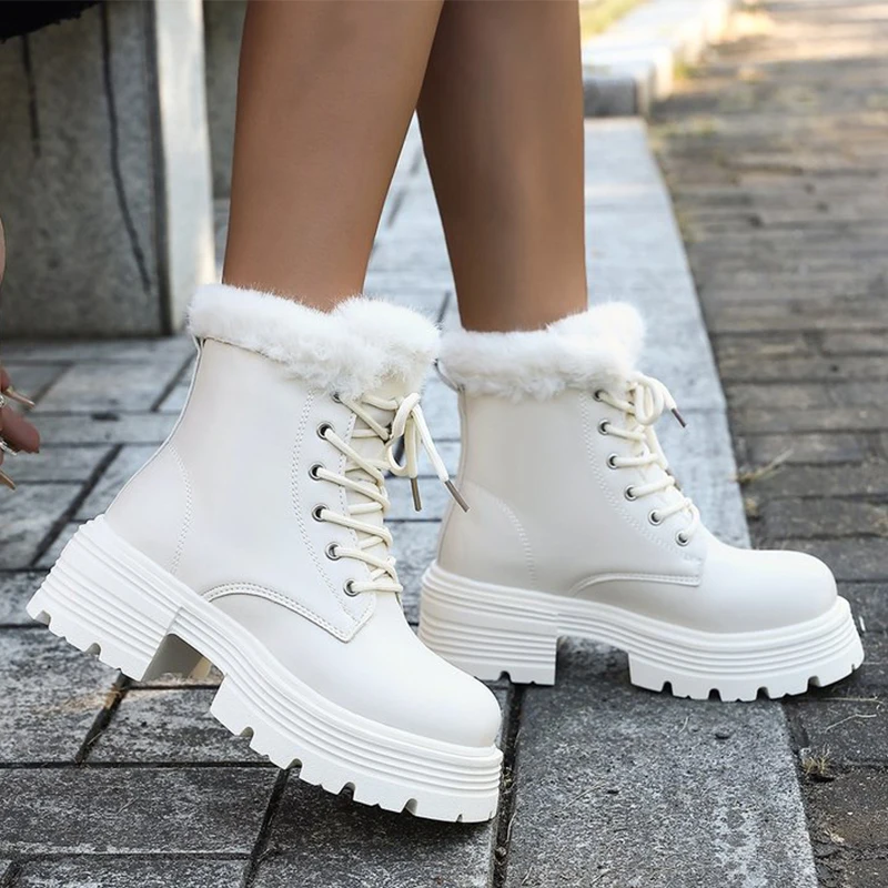 Short Plush Warm Ankle Boots for Women Winter Fashion Chunky Platform Snow Boots Woman High Heel Lace Up Fluffy Booties Ladies