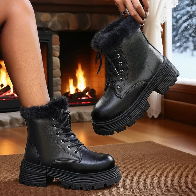 Short Plush Warm Ankle Boots for Women Winter Fashion Chunky Platform Snow Boots Woman High Heel Lace Up Fluffy Booties Ladies