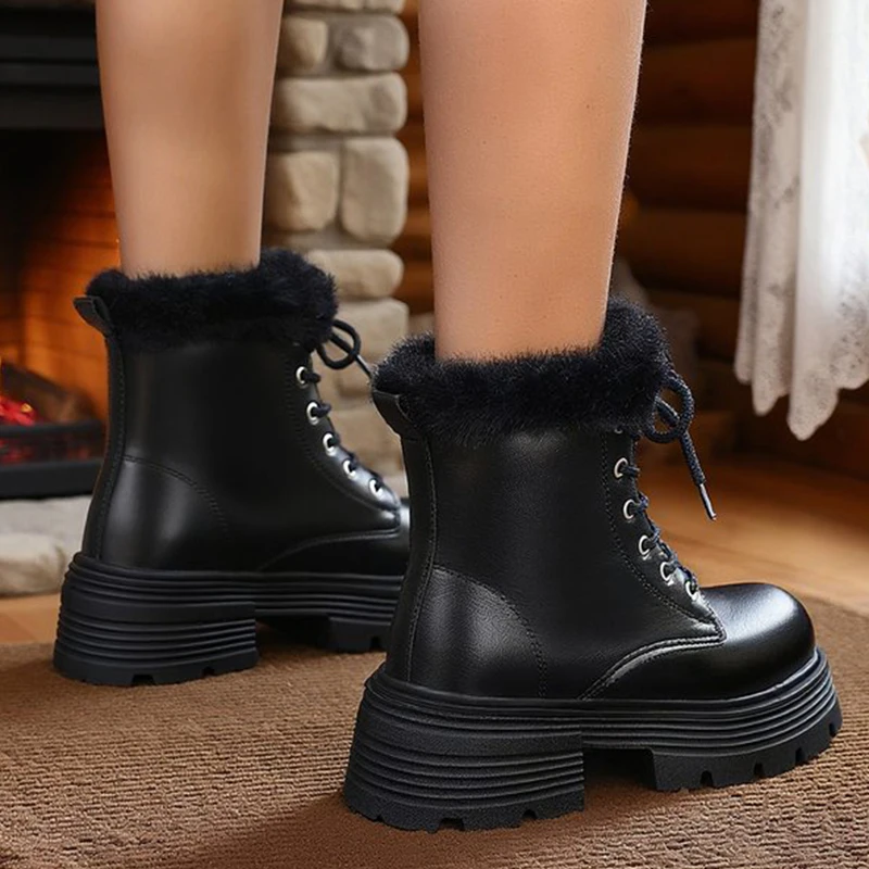 Short Plush Warm Ankle Boots for Women Winter Fashion Chunky Platform Snow Boots Woman High Heel Lace Up Fluffy Booties Ladies