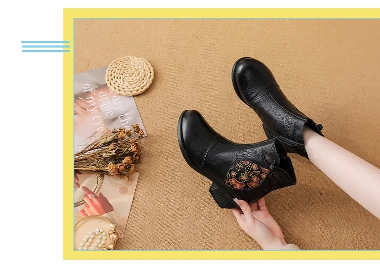 New Plus Size 42 Real Leather Boots Women Handmade Keep Warm Shoes Winter Woman Plush Ankle Boots Elderly Lady Low Heel Booties