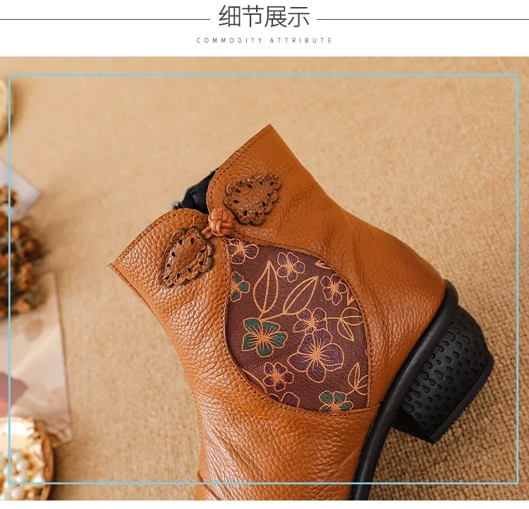 New Plus Size 42 Real Leather Boots Women Handmade Keep Warm Shoes Winter Woman Plush Ankle Boots Elderly Lady Low Heel Booties