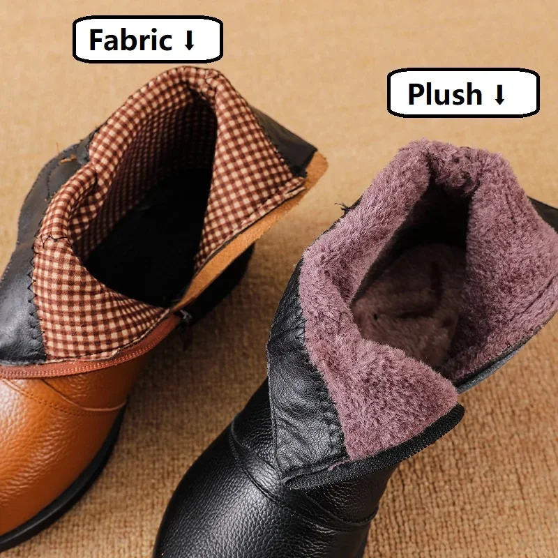 New Plus Size 42 Real Leather Boots Women Handmade Keep Warm Shoes Winter Woman Plush Ankle Boots Elderly Lady Low Heel Booties