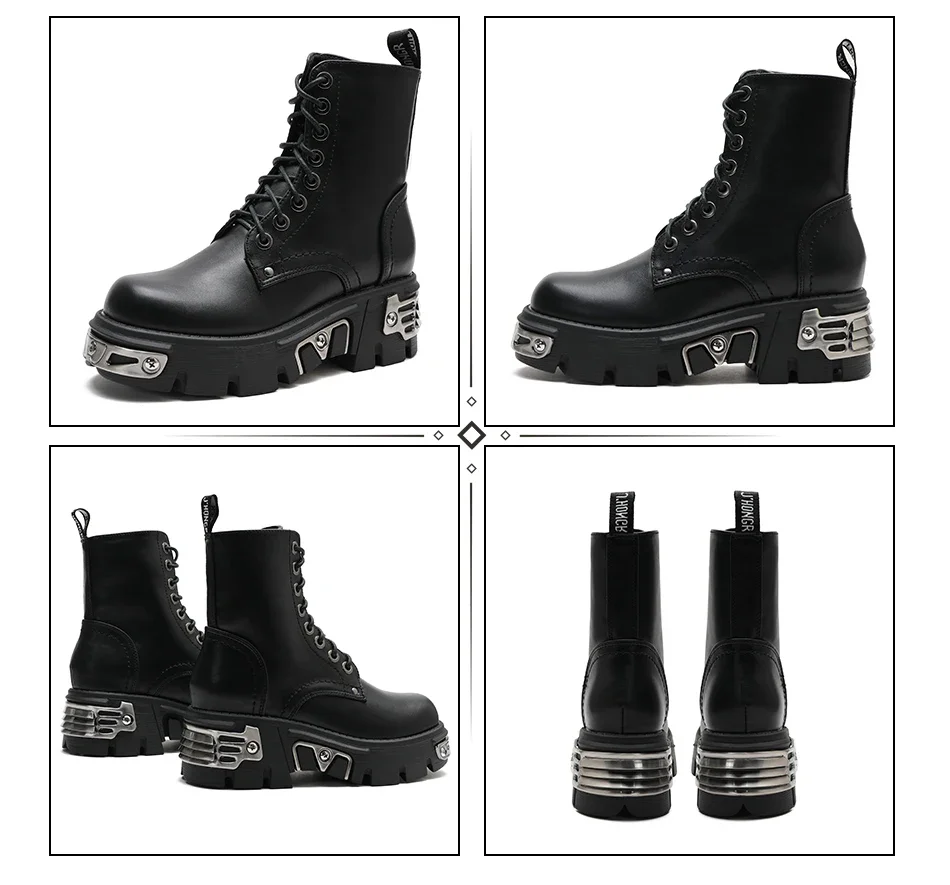 Darkness Punk Style Platform Women Ankle Boots Chunky Heel Black Metal Decor Women's Motorcycle Boots Lace UP Top Quality