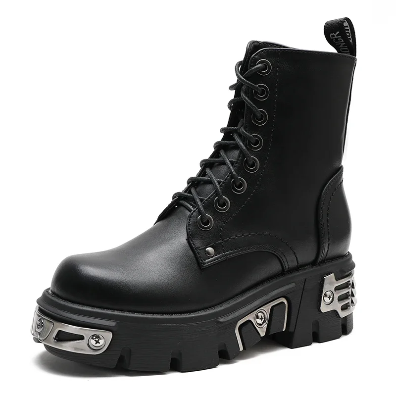 Darkness Punk Style Platform Women Ankle Boots Chunky Heel Black Metal Decor Women's Motorcycle Boots Lace UP Top Quality