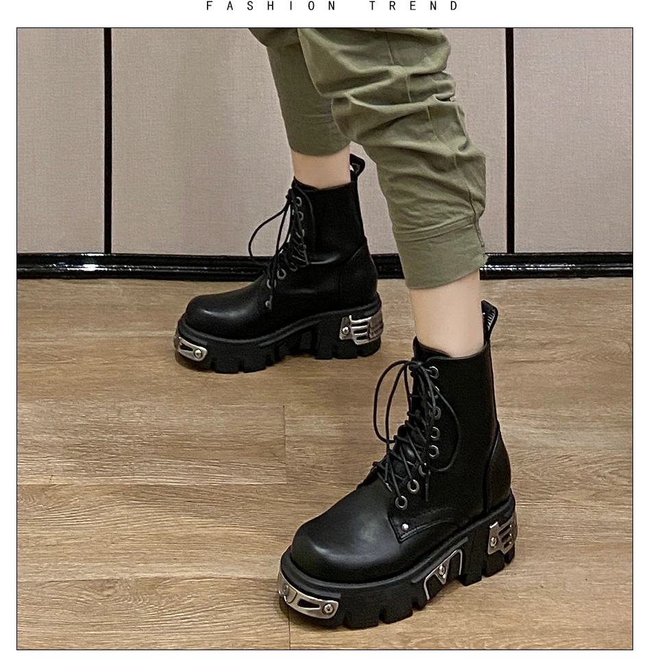 Darkness Punk Style Platform Women Ankle Boots Chunky Heel Black Metal Decor Women's Motorcycle Boots Lace UP Top Quality