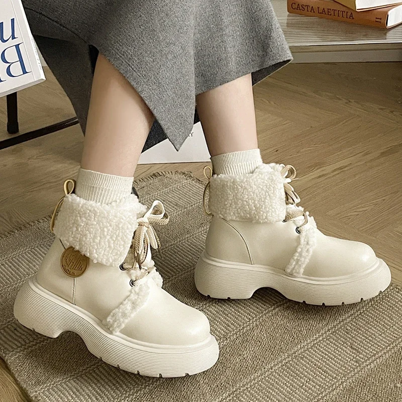Winter Women Boots Warm Fur Soft Casual Shoes Lace Up Sweet Ankle Boots Fashion Comfortable Plush Outdoor Shoes  Female 35-40