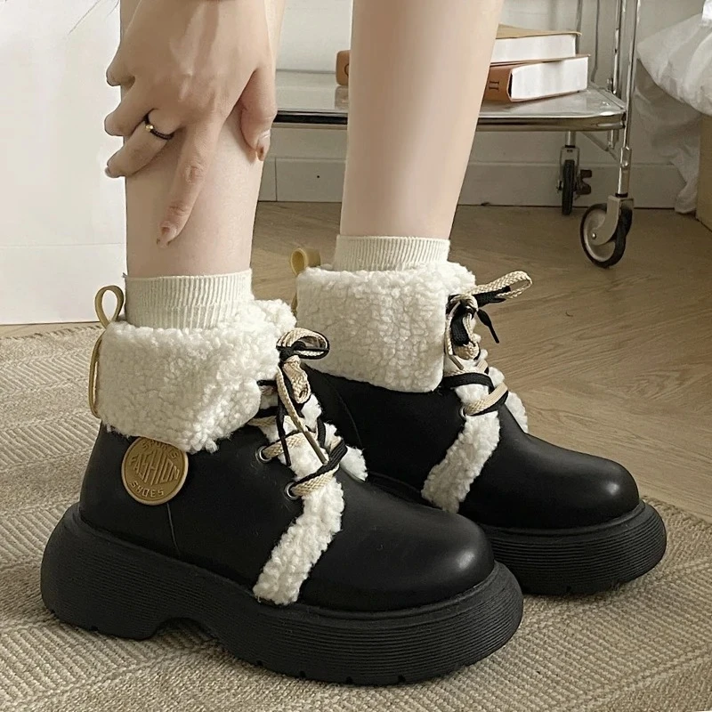 Winter Women Boots Warm Fur Soft Casual Shoes Lace Up Sweet Ankle Boots Fashion Comfortable Plush Outdoor Shoes  Female 35-40