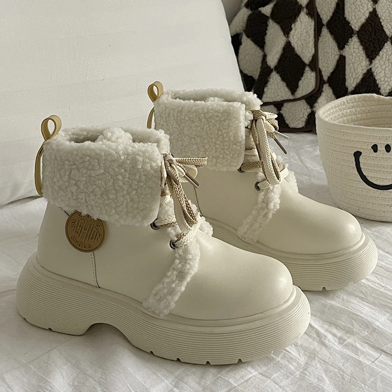 Winter Women Boots Warm Fur Soft Casual Shoes Lace Up Sweet Ankle Boots Fashion Comfortable Plush Outdoor Shoes  Female 35-40