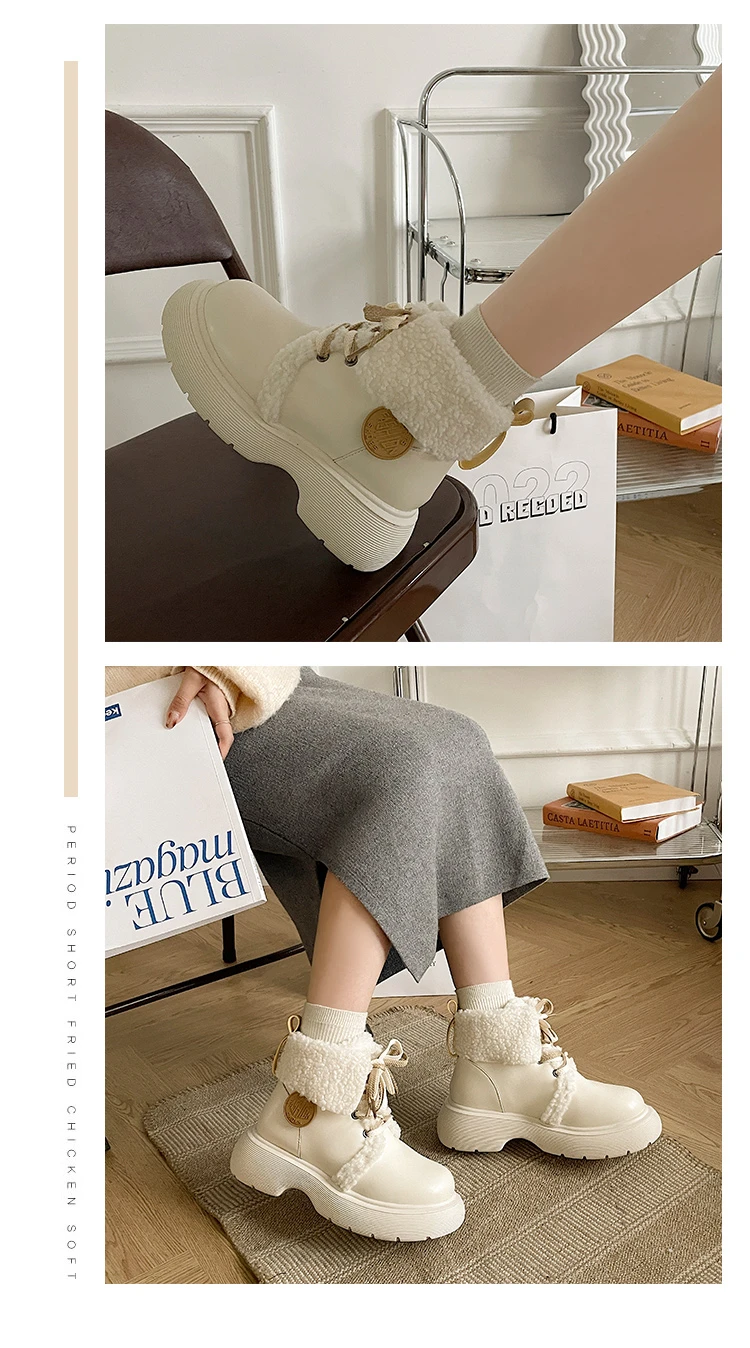 Winter Women Boots Warm Fur Soft Casual Shoes Lace Up Sweet Ankle Boots Fashion Comfortable Plush Outdoor Shoes  Female 35-40