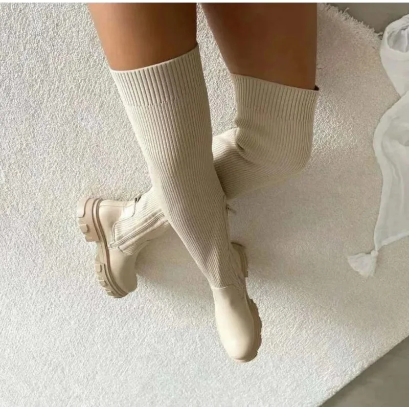 Women Thick Sole Boots 2025 Autumn Winter Breathable Knitting Sock Ladies Thigh High Boots Stretch Round Toe Shoes Plus Size 43