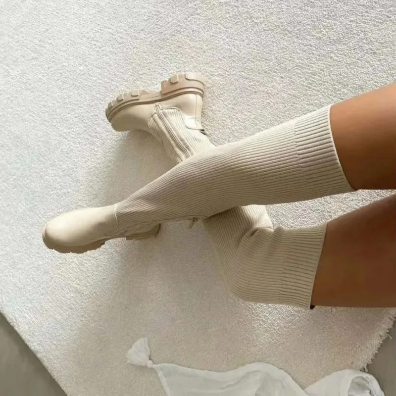 Women Thick Sole Boots 2025 Autumn Winter Breathable Knitting Sock Ladies Thigh High Boots Stretch Round Toe Shoes Plus Size 43