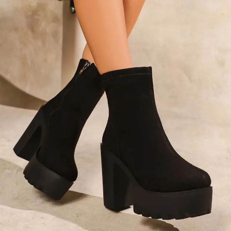 Women's Autumn /winter New Waterproof Platform Thick Heel Super High Heels Women's Boots Suede Warm Short Boots Low Boots