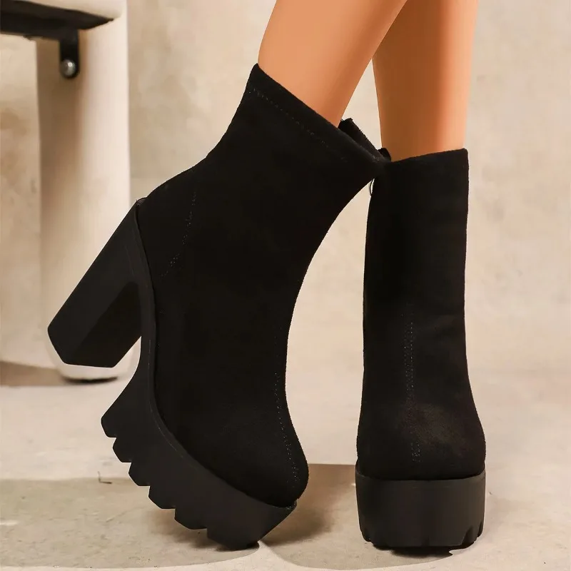Women's Autumn /winter New Waterproof Platform Thick Heel Super High Heels Women's Boots Suede Warm Short Boots Low Boots