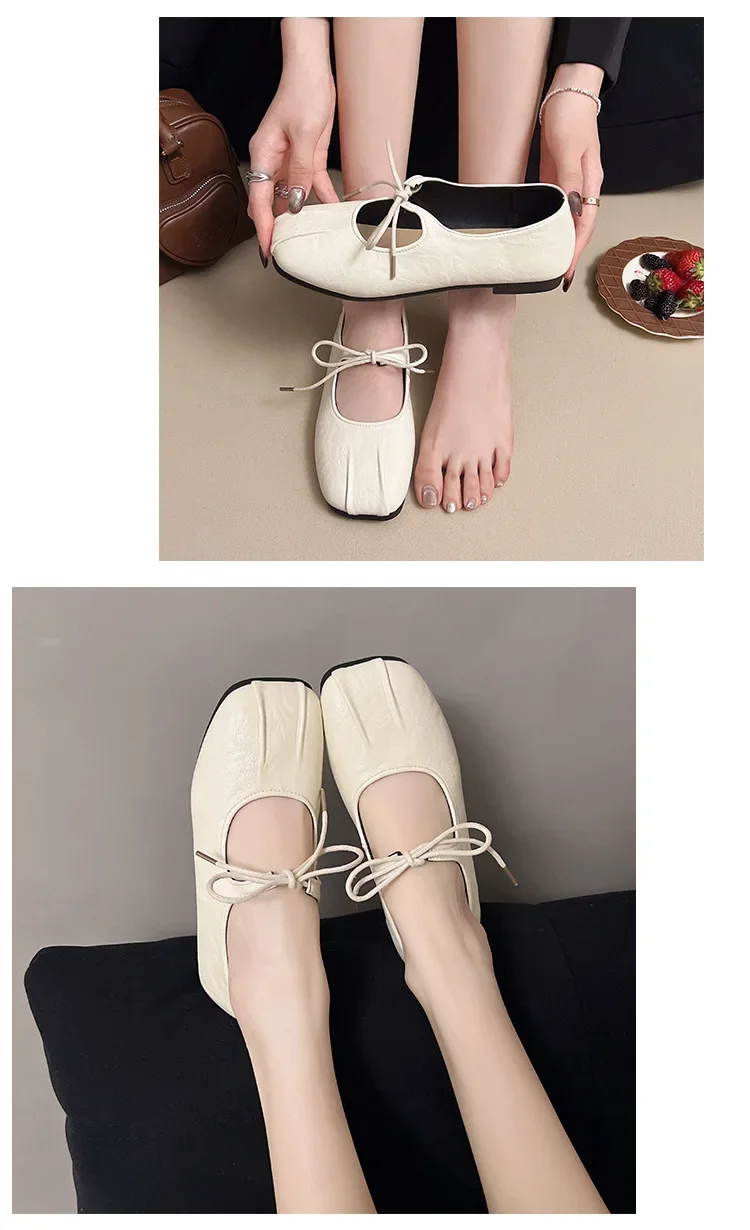 2025 Spring Women Ballet Flats Shallow Mouth Shoes Butterfly-knot Casual Soft Sole Women Shoes Comfortable Leather Women Shoes