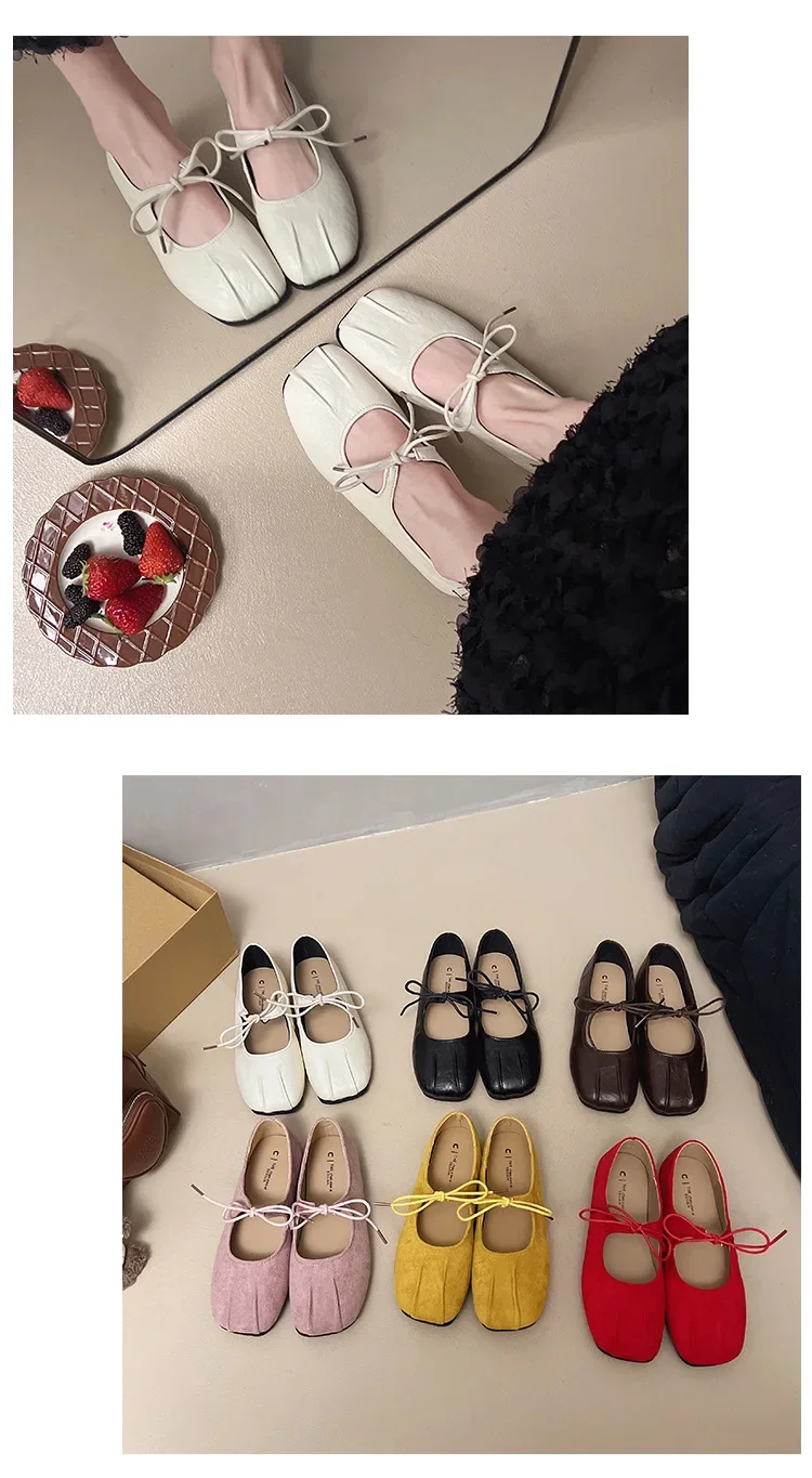 2025 Spring Women Ballet Flats Shallow Mouth Shoes Butterfly-knot Casual Soft Sole Women Shoes Comfortable Leather Women Shoes