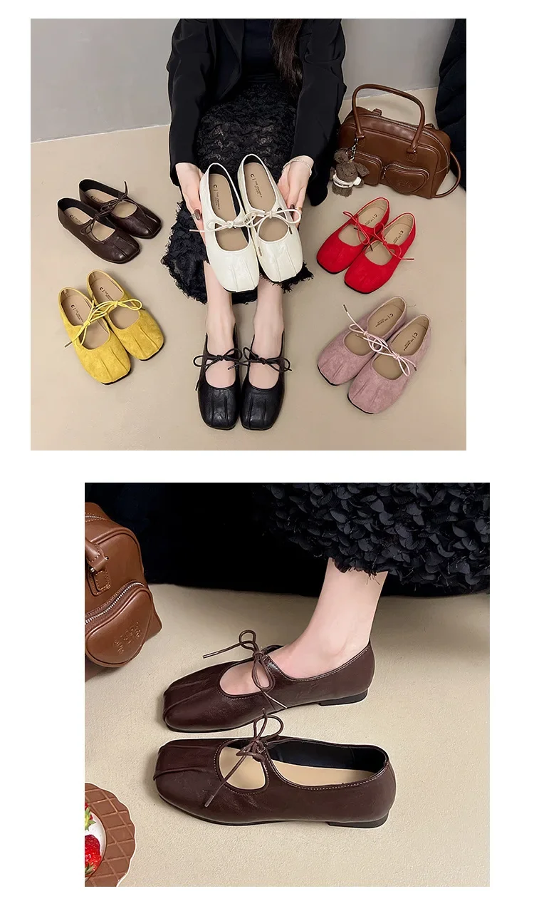 2025 Spring Women Ballet Flats Shallow Mouth Shoes Butterfly-knot Casual Soft Sole Women Shoes Comfortable Leather Women Shoes