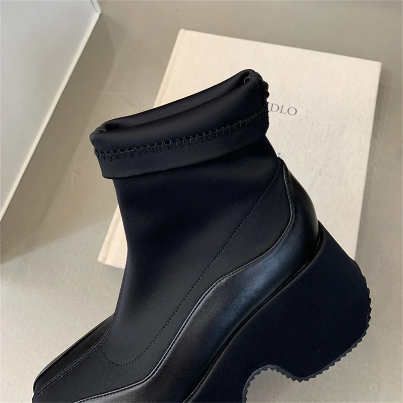 Leather Fabric Splicing Thick Soled Boots Waterproof Platform Heel Women's Knee Boots Elastic Fabric and Ankle Short Boots 35-39