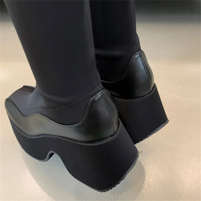 Leather Fabric Splicing Thick Soled Boots Waterproof Platform Heel Women's Knee Boots Elastic Fabric and Ankle Short Boots 35-39 Leather Fabric Splicing Thick Soled Boots Waterproof Platform Heel Women's Knee Boots Elastic Fabric and Ankle Short Boots 35-39