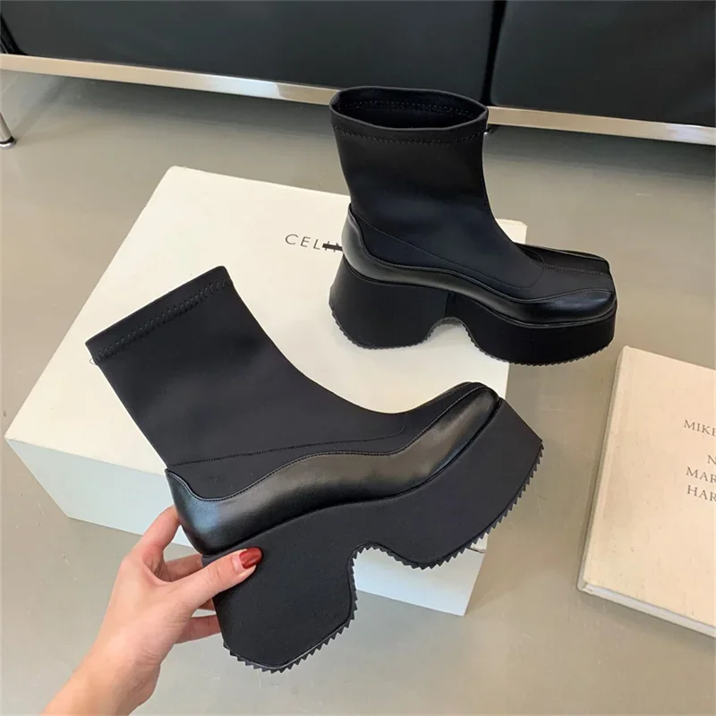 Leather Fabric Splicing Thick Soled Boots Waterproof Platform Heel Women's Knee Boots Elastic Fabric and Ankle Short Boots 35-39 Leather Fabric Splicing Thick Soled Boots Waterproof Platform Heel Women's Knee Boots Elastic Fabric and Ankle Short Boots 35-39