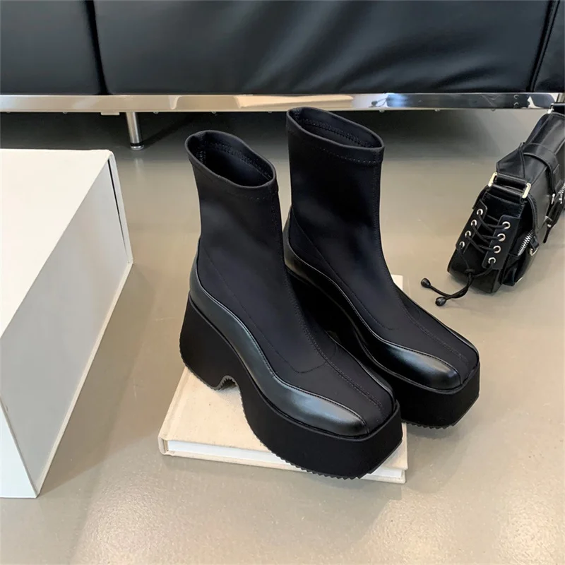 Leather Fabric Splicing Thick Soled Boots Waterproof Platform Heel Women's Knee Boots Elastic Fabric and Ankle Short Boots 35-39 Leather Fabric Splicing Thick Soled Boots Waterproof Platform Heel Women's Knee Boots Elastic Fabric and Ankle Short Boots 35-39