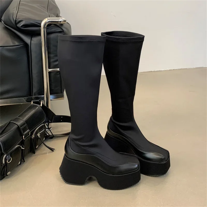 Leather Fabric Splicing Thick Soled Boots Waterproof Platform Heel Women's Knee Boots Elastic Fabric and Ankle Short Boots 35-39 Leather Fabric Splicing Thick Soled Boots Waterproof Platform Heel Women's Knee Boots Elastic Fabric and Ankle Short Boots 35-39