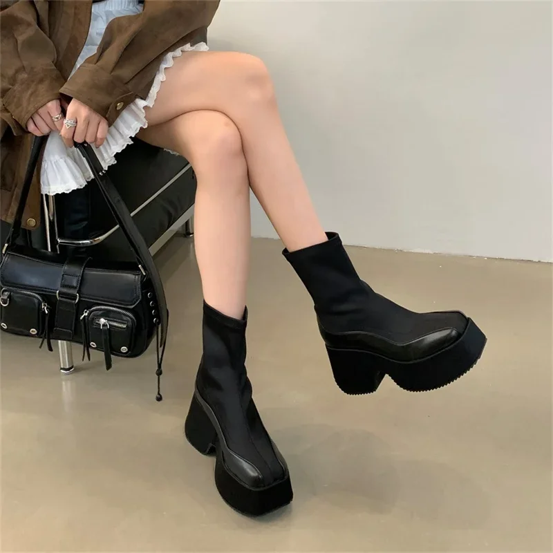 Leather Fabric Splicing Thick Soled Boots Waterproof Platform Heel Women's Knee Boots Elastic Fabric and Ankle Short Boots 35-39 Leather Fabric Splicing Thick Soled Boots Waterproof Platform Heel Women's Knee Boots Elastic Fabric and Ankle Short Boots 35-39
