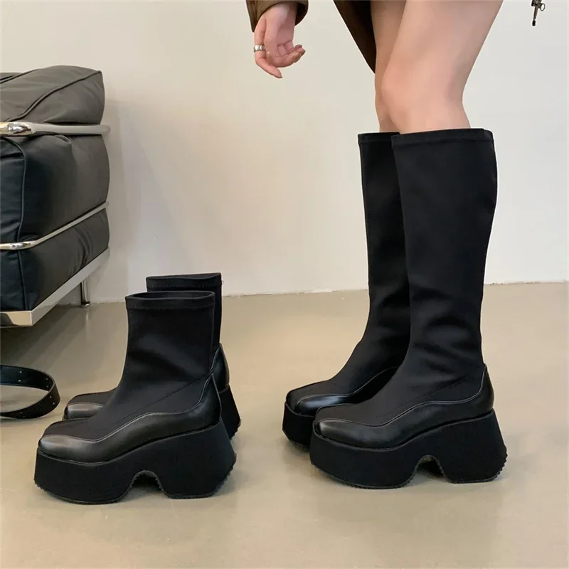 Leather Fabric Splicing Thick Soled Boots Waterproof Platform Heel Women's Knee Boots Elastic Fabric and Ankle Short Boots 35-39 Leather Fabric Splicing Thick Soled Boots Waterproof Platform Heel Women's Knee Boots Elastic Fabric and Ankle Short Boots 35-39