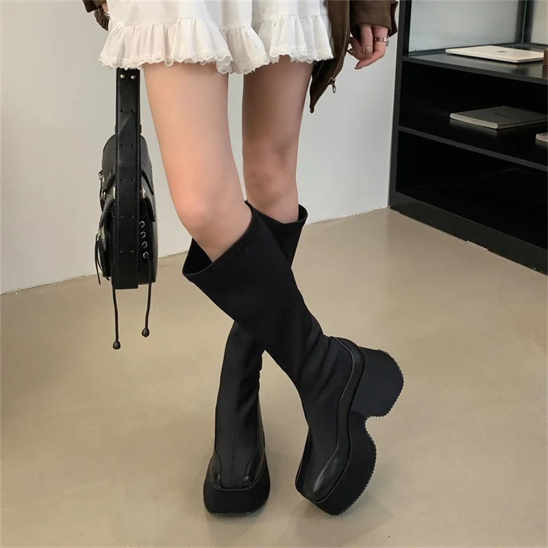 Leather Fabric Splicing Thick Soled Boots Waterproof Platform Heel Women's Knee Boots Elastic Fabric and Ankle Short Boots 35-39 Leather Fabric Splicing Thick Soled Boots Waterproof Platform Heel Women's Knee Boots Elastic Fabric and Ankle Short Boots 35-39