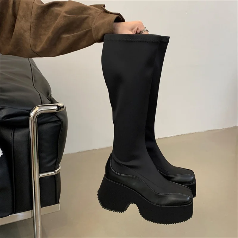 Leather Fabric Splicing Thick Soled Boots Waterproof Platform Heel Women's Knee Boots Elastic Fabric and Ankle Short Boots 35-39 Leather Fabric Splicing Thick Soled Boots Waterproof Platform Heel Women's Knee Boots Elastic Fabric and Ankle Short Boots 35-39
